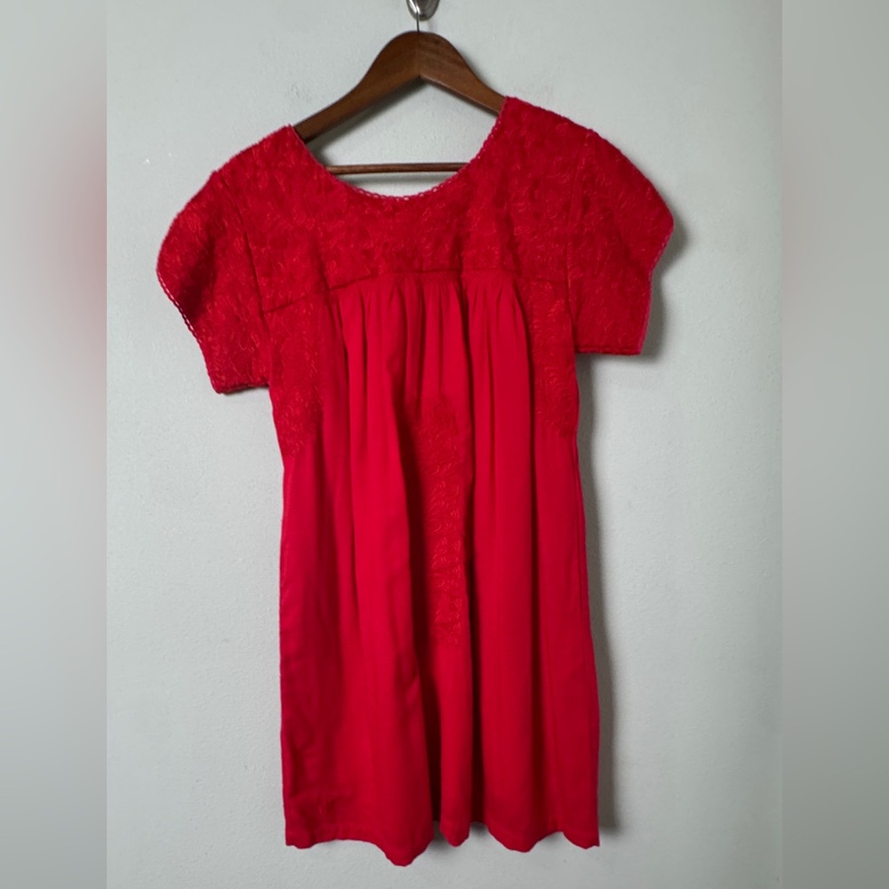 J. Marie Embroidered Dress Mexican Oaxacan‎ Style Red Dress & Red Embroidery M
